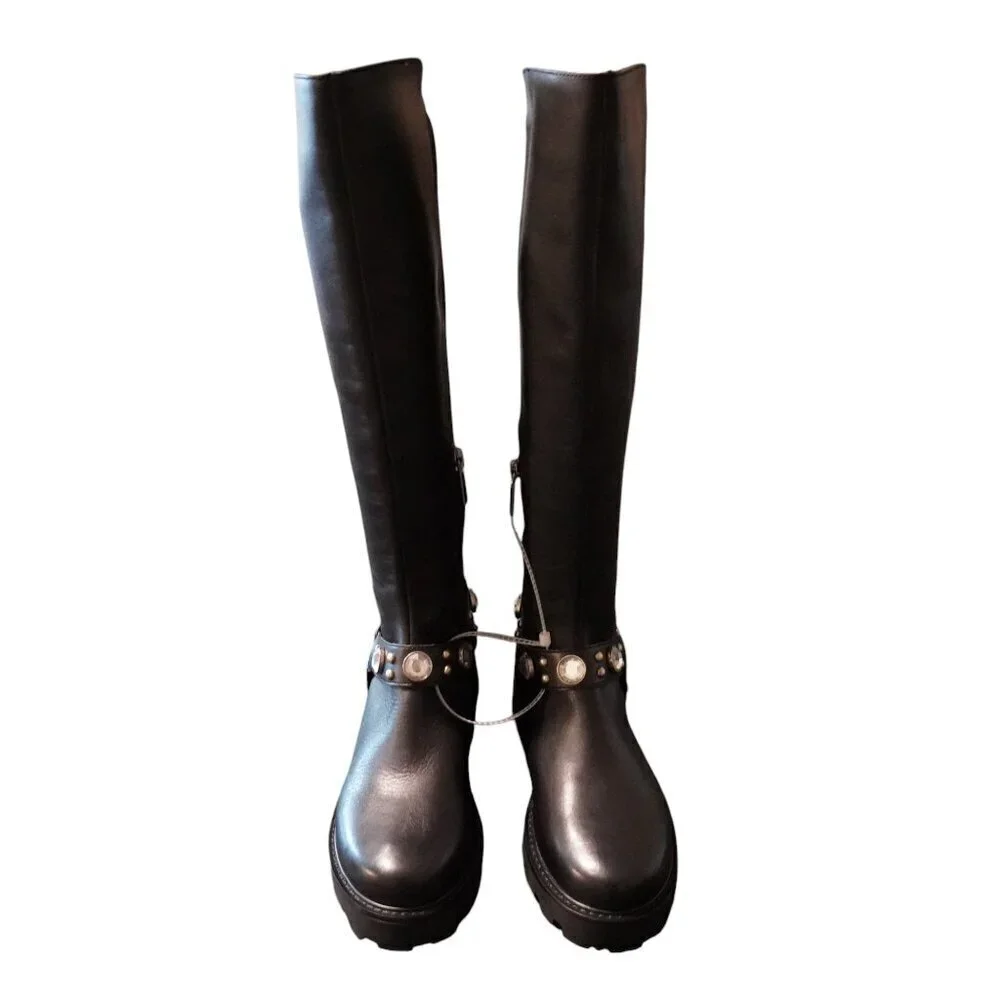 Karl Lagerfeld Milla Rhinestone Embellished Tall Leather Riding Boots